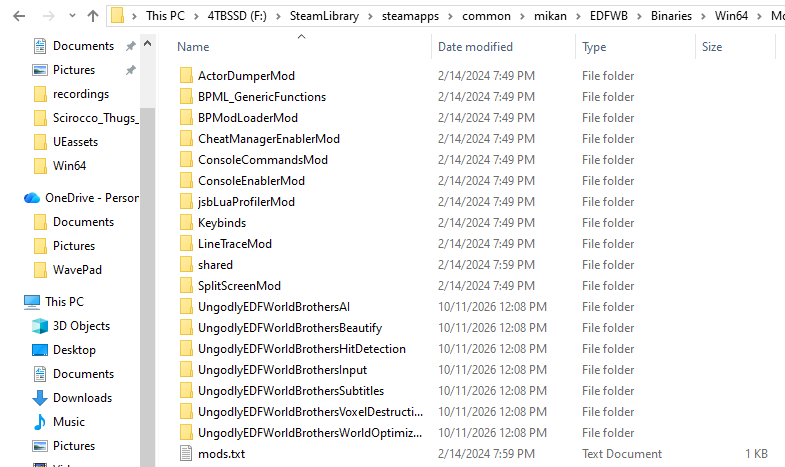 File Explorer showing Win64\Mods with UE4SS's own mod folders, the seven UngodlyEDFWorldBrothers folders and mods.txt, 19 items in total.