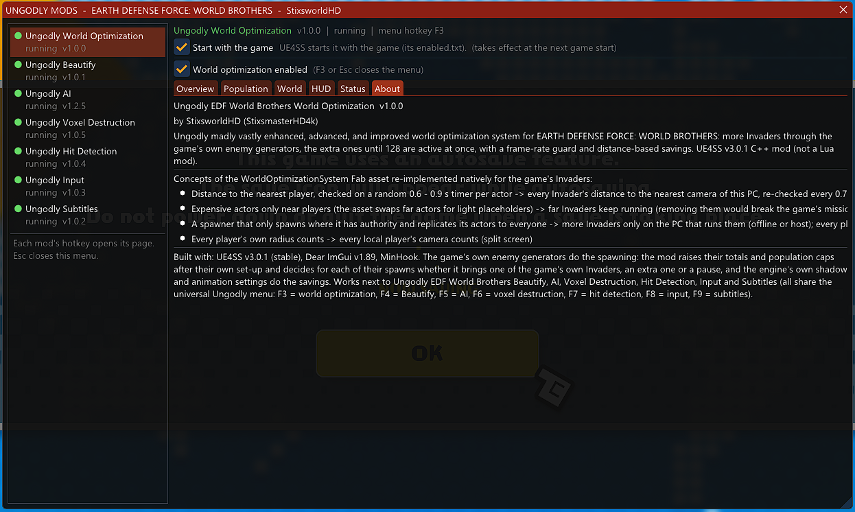 The universal Ungodly menu in game, open on the World Optimization page. The list on the left shows all seven Ungodly mods running with their versions.