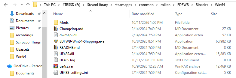 File Explorer showing the Win64 folder of EDF: World Brothers with UE4SS installed: Mods, Changelog.md, dwmapi.dll, EDFWB-Win64-Shipping.exe, README.md, UE4SS.dll, UE4SS.log, ue4ss.rar and UE4SS-settings.ini.